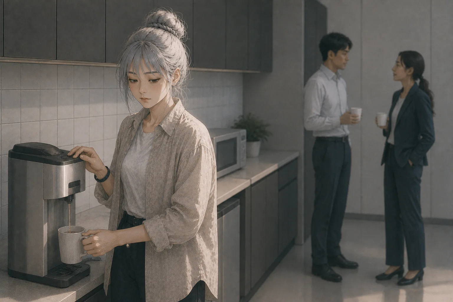 示意圖：何依琪在茶水間拿著還沒盛滿的水杯