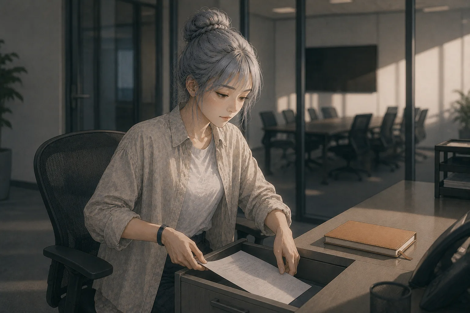 示意圖：何依琪把一頁摘要放進抽屜最上層