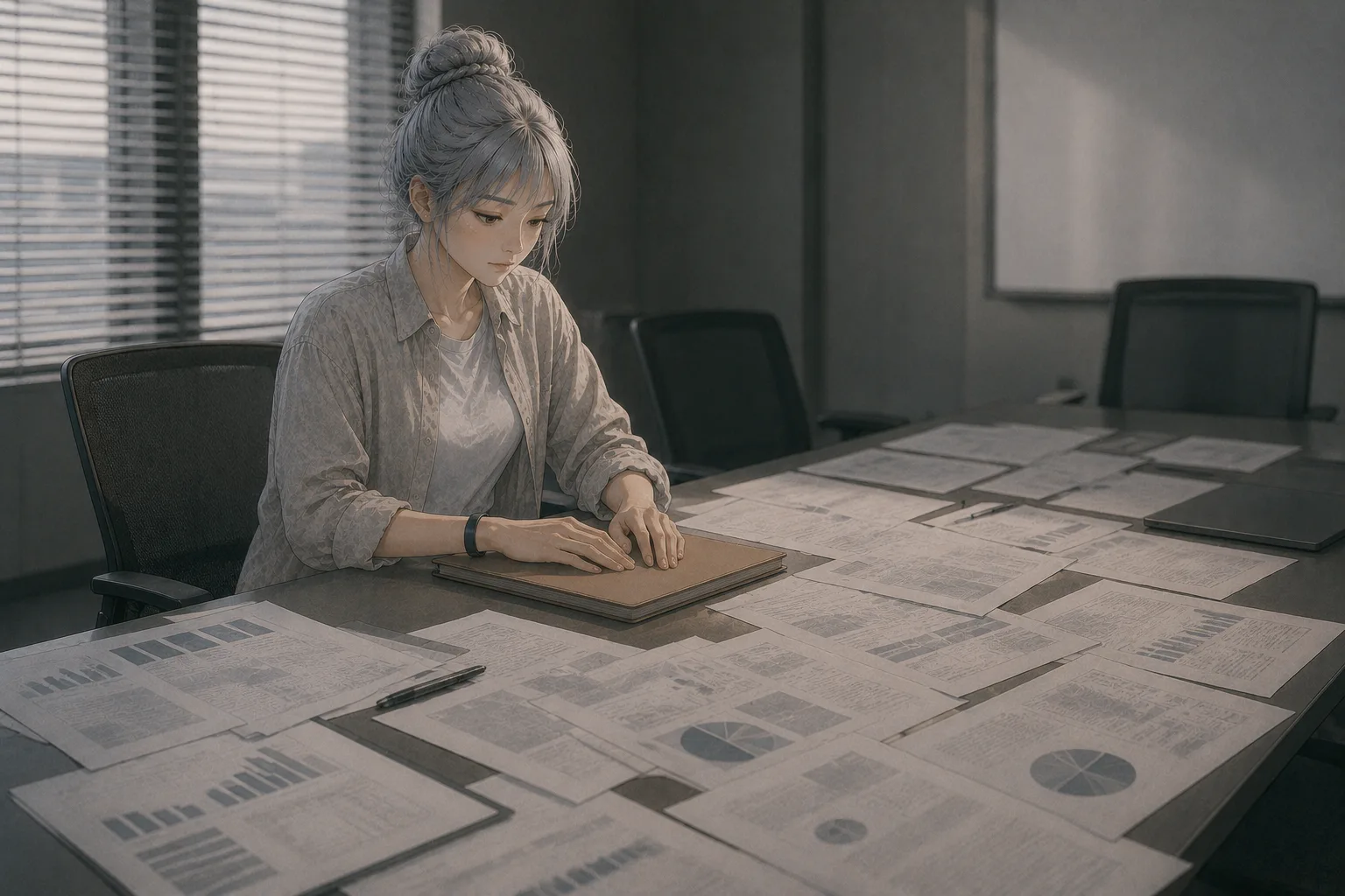 示意圖：何依琪雙手壓在文件封面上，面對四十幾頁列印本