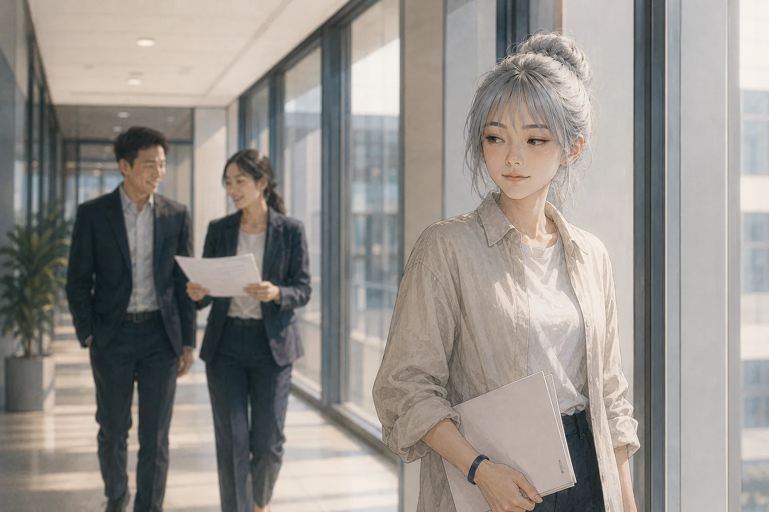示意圖：何依琪拿著使用守則正本站在走廊上