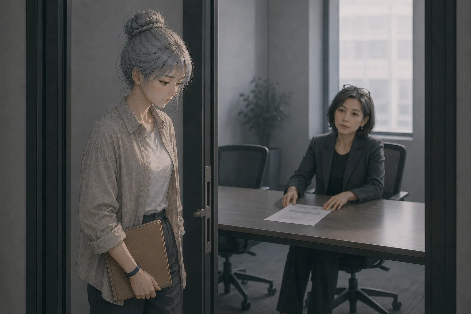 示意圖：陳姐把試用期評語推正，何依琪在門口停步