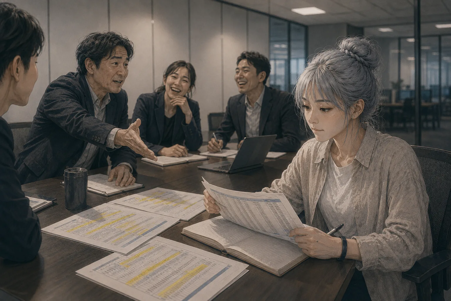 示意圖：何依琪看著客服月報上被螢光筆塗過的欄位