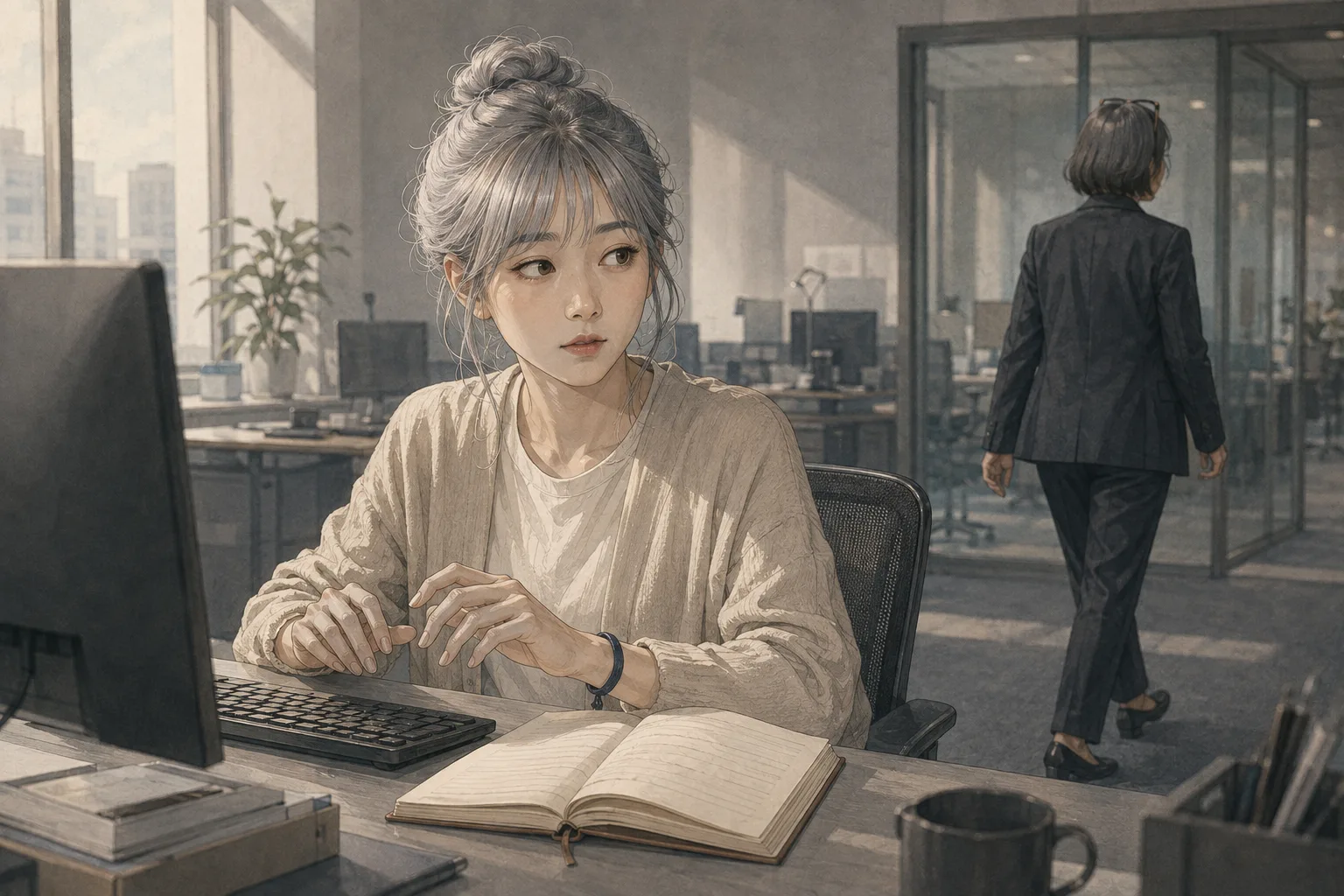 示意圖：陳姐交代任務，何依琪面對 AI 助理視窗