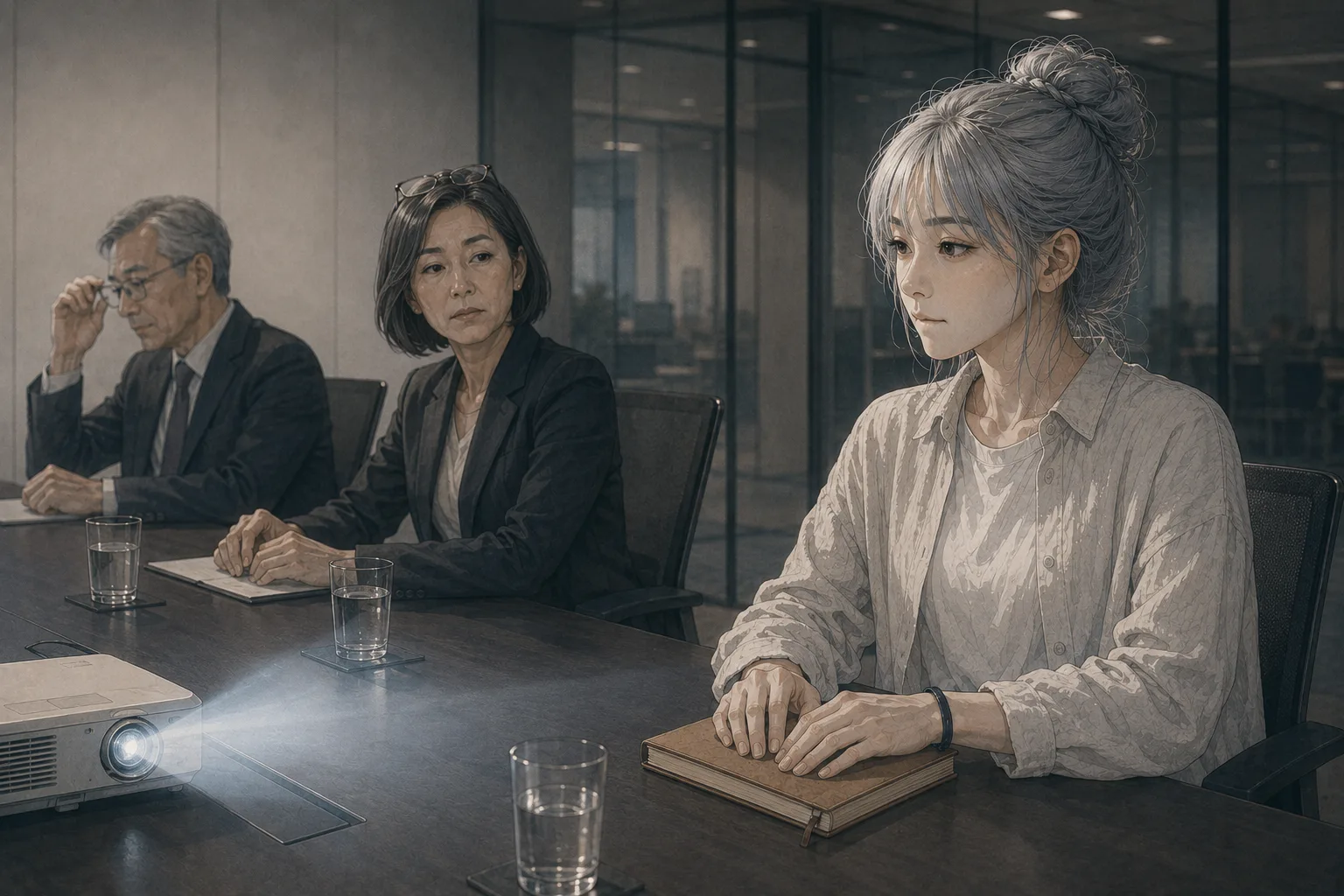 示意圖：會議室裡何依琪被質疑數字來源
