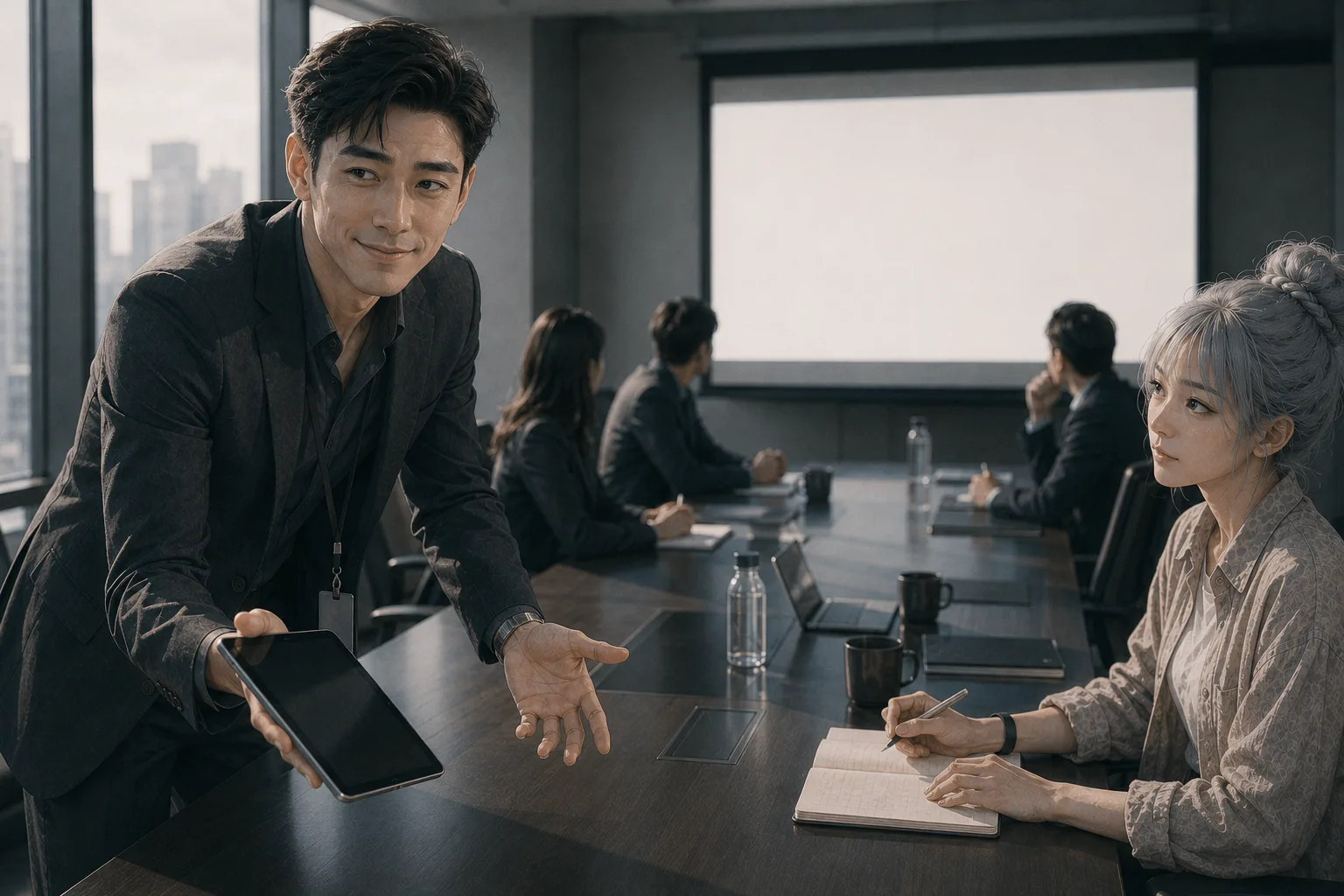 示意圖：供應商 Ken 在十七樓簡報，何依琪坐在最後一排